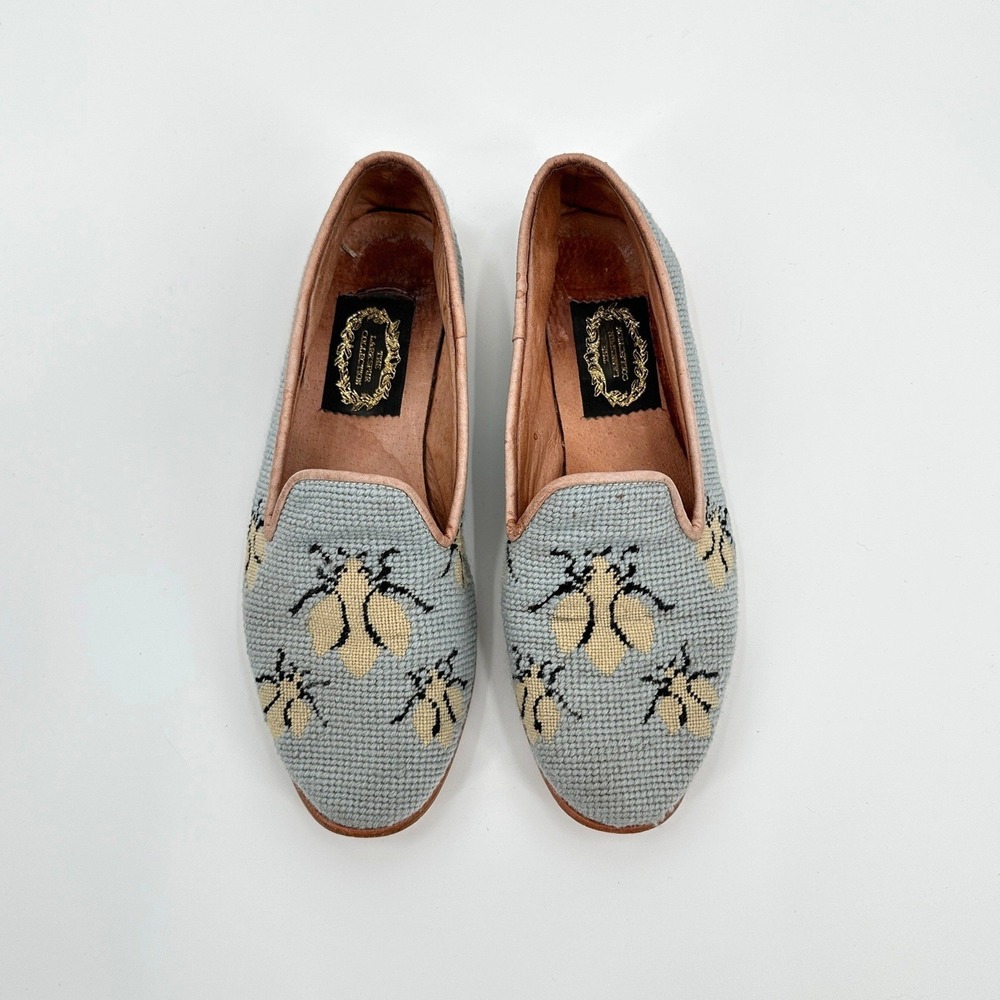 The Larkspur Collection Blue Needlepoint Bee Smoking Slipper Loafers Womens 9.5